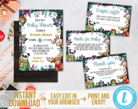 Winter Woodland Baby Shower Invitation Set Woodland Animals Invite Kit Download Invitation Book for Baby Diaper Raffle Thank you card Il_570xn