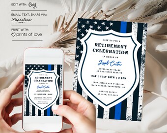 May include: A blue and white retirement party invitation with a thin blue line flag design. The invitation is for Joseph Cutr and includes the date, time, and location of the event. RSVP information is also included.