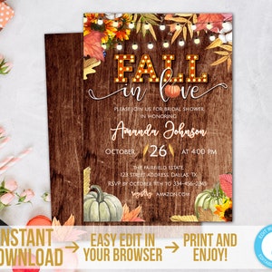 Fall in Love Bridal Shower Invitation Instant Download Rustic Autumn Bridal Shower Invitation Template Printable Fall Bridal Shower Invite