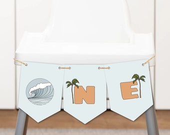 Surf Birthday High Chair Banner Retro Surfing Party Highchair Banner The Big One Birthday Party 70s Van Surfboard Beach Party Chair Decor