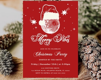 Disco Red Christmas Invitation | Retro Holidays Invitation Template | Merry Vibes Digital Invite | Disco Ball Santa Hat Editable Invite