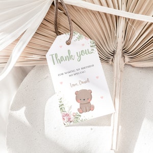 Teddy Bear Birthday Thank You Tag Editable Bear Girl Boy Baby Party Favors Bearly Birthday Decor Thanks Tags Instant Download Gift Tag image 2