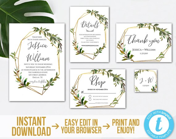 Greenery Wedding Invitation Template Set Gold Geometric Greenery ...