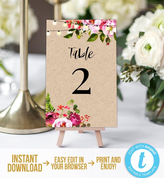 Rustic Floral Table Number Card Template Editable Kraft Table Number