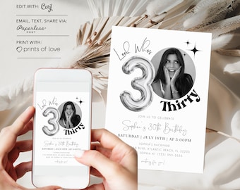 30th Birthday Photo Invitation for Her He Minimalist 30th Birthday Invite Adult Birthday Party Digital Invite Silver Ballon Editable Evite