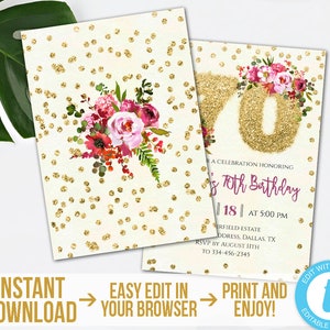 70th Birthday Invitation Editable Gold Glitter 70th Birthday Invitation ...