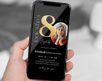 Invitation électronique du 80e anniversaire en or noir avec photo 80e partie Texte numérique modifiable Signe 80e Homme Femme Photo neutre Evite