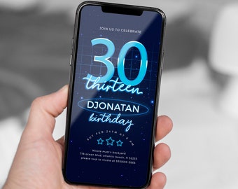 Blue Neon 30th Birthday Electronic Invitation Thirty Years Husbands or Boyfriends Anniversary Party Invite Lets Glow Crazy Editable Template