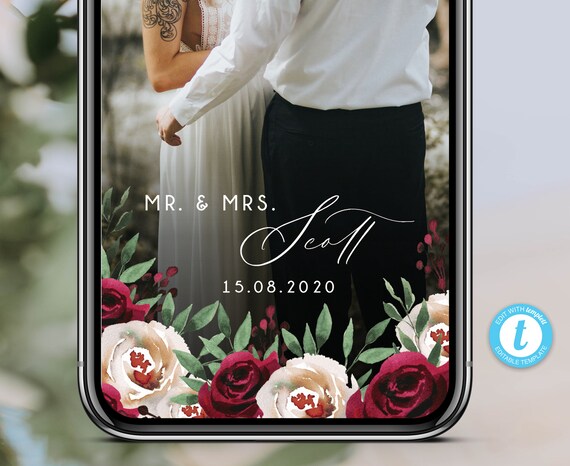 Burgundy Wedding Snapchat Filter Floral Wedding Geofilter Editable Marsala Filter Boho Snapchat GeoFilter Instant Download WY02 Il_570xn