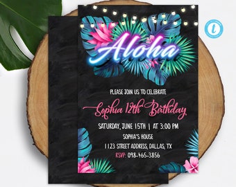 Neon Aloha Invitation Download Tropical Birthday Invitation Template Hawaiian Invitation Printable Tropical Party Invite Luau Invitation