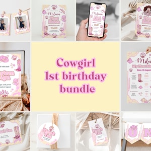 Cowgirl 1st Birthday Invitation Bundle | Wild West Party Decor | Rustic Country Birthday Printable Set for Girls, Rodeo Party Invite