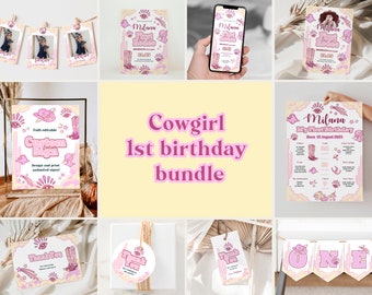 Cowgirl 1st Birthday Bundle Wild West Girl Birthday Invitation Bundle Country Rustic Birthday Party Printable Bundle Fall Cowgirl Bundle