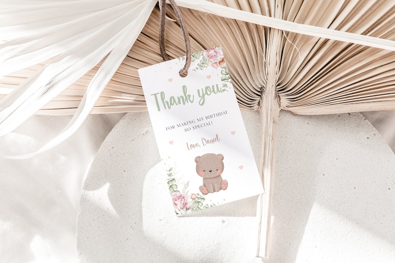 Teddy Bear Birthday Thank You Tag Editable Bear Girl Boy Baby Party Favors Bearly Birthday Decor Thanks Tags Instant Download Gift Tag image 1