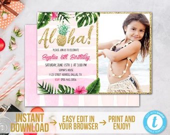 Aloha Geburtstagseinladung mit Foto Ananas Einladung Printable Tropical Party Invite Luau Einladung Hawaiian Invite Download TGAP