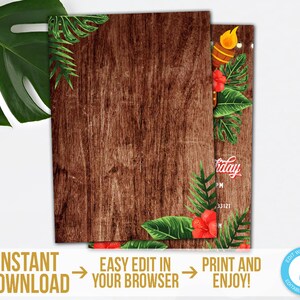 May include: Two invitation cards with a wood grain background, adorned with tropical leaves and red hibiscus flowers. The cards have the text "Instant Download", "Easy Edit in Your Browser", and "Print and Enjoy!"