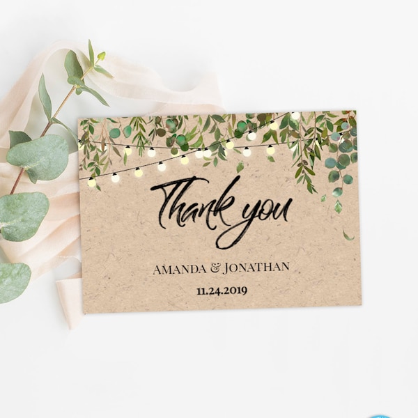 Rustic Greenery Thank You Card Template Botanical  Thank You Card Instant Download Printable Garden Thanks Card Editable Kraft Thank You