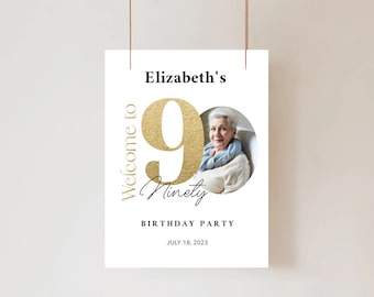 90th Birthday Welcome Sign Gold Glitter Printable Anniversary Birthday Invitation Decor Unisex Adult Party Birthday Milestone Welcome Poster