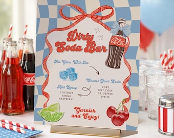 Dirty Soda Bar Sign, She's Ready to Pop Baby Shower Decor, Editable Soda Pop Station Sign, Blue & Red Retro Soda Instructions, Printable