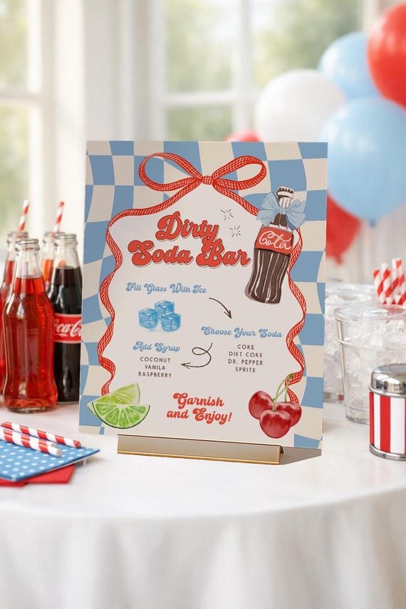 Dirty Soda Bar Sign, She's Ready to Pop Baby Shower Decor, Editable Soda Pop Station Sign, Blue & Red Retro Soda Instructions, Printable