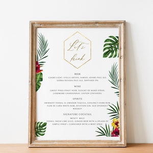 Tropisches Menü Zeichen Vorlage Druckbare Hawaiische Hochzeit Getränkekarte Sofortiger Download Strandbar Menü Zeichen Luau Getränke Zeichen Aloha Zeichen WY05