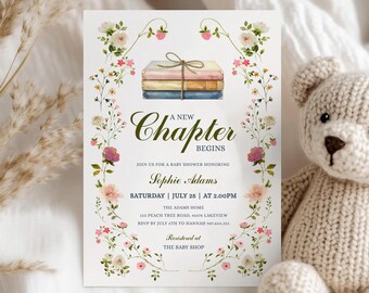 New Chapter Begins Baby Shower Invitation Template, Editable Storybook Book Theme Invite, Floral Library Shower, Corjl Download