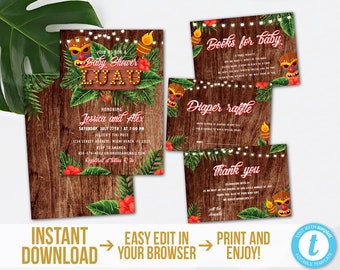 Luau Baby Shower Invitation Set Printable Aloha Tropical Baby Shower Kit Editable Hawaiian Baby Shower Invitation Bundle Instant Download