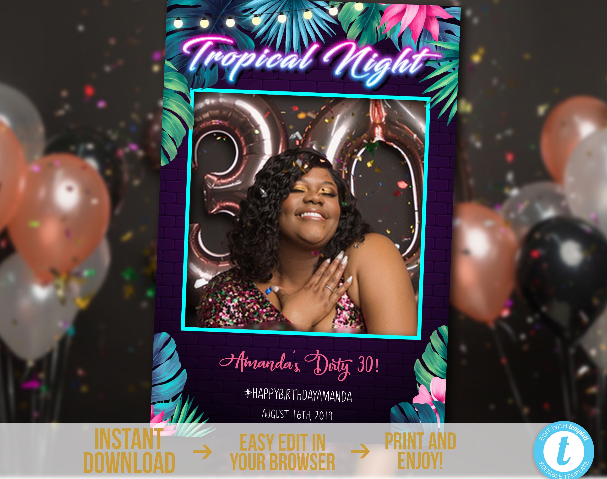 Neon Tropical Night Photo Booth Frame Printable Hawaiian Selfie Frame Editable Luau Photo Props Frame Birthday Photo Booth