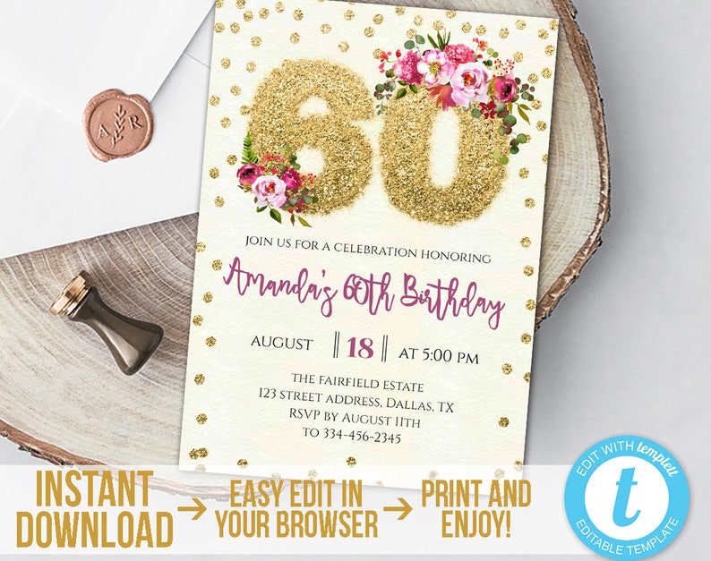 60th Birthday Invitation Editable Gold Glitter 60th Birthday Etsy