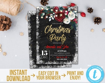Christmas Invitation Gold Chalckboard Christmas Party Invitation Template Printable Holiday Invite Light Floral Holiday Invite Download