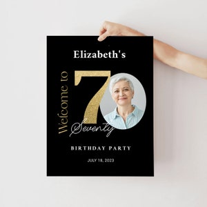 70e anniversaire Signe de bienvenue Noir Or Imprimable Tout âge Anniversaire Signe Invitation Décor Modèle Soixante-dix Anniversaire Editable Affiche de Bienvenue