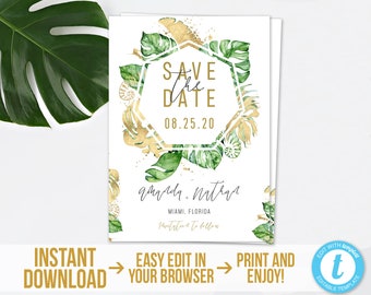 Tropical Save the Date Template Instant Download Printable Wedding Hawaiian Save the Date Card Editable Gold Tropical Save Our Date Beach