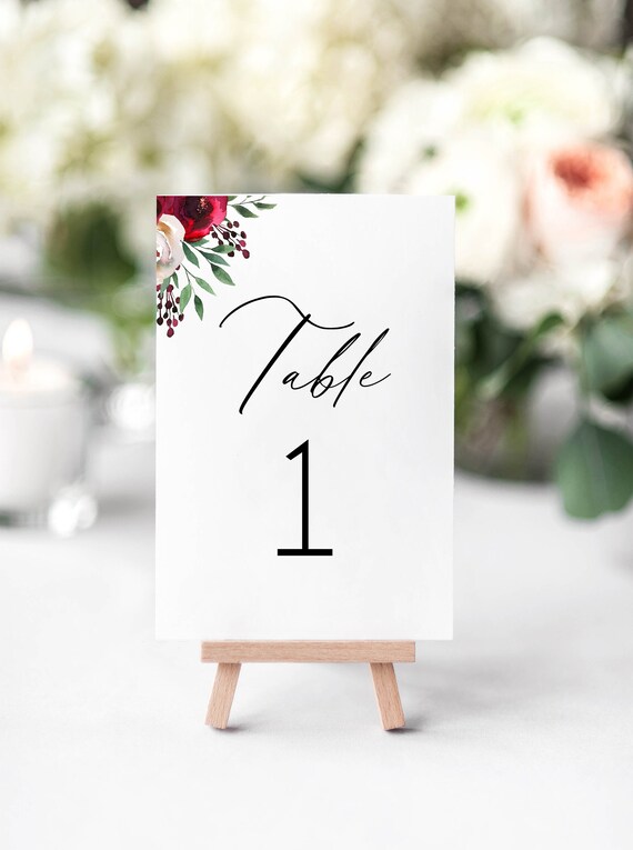 Burgundy Table Numbers Template Wedding Table Number Card Instant Download Printable Marsala Numbers Card Floral Table Numbers WY02 Il_570xn