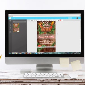 May include: A computer screen displays a digital invitation for a Luau party. The invitation features a wooden background, tropical leaves, and the text "Aloha! Join us for a Luau". The invitation is for Jessica's 15th birthday.