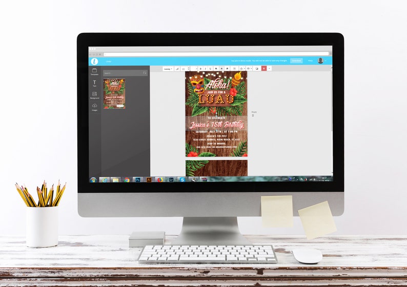 May include: A computer screen displays a digital invitation for a Luau party. The invitation features a wooden background, tropical leaves, and the text "Aloha! Join us for a Luau". The invitation is for Jessica's 15th birthday.
