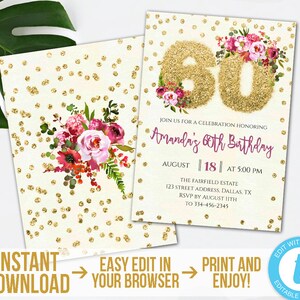 60th Birthday Invitation Editable Gold Glitter 60th Birthday Invitation Printable Gold Floral 60th Party Invite Instant Download Templett