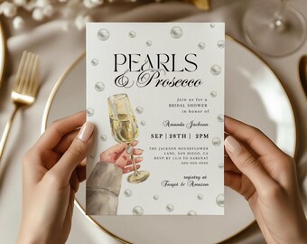 Pearls and Prosecco Bridal Shower Invitation | Brunch And Bubbly Invitation Template |Elegant Champagne Bridal Shower Digital Invite