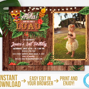Luau Birthday Invitation Download Tiki Party Invitation Aloha Invitation with Photo Printable Tropical Party Invite Hawaiian Invitation