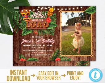 Luau Birthday Invitation Download Tiki Party Invitation Aloha Invitation with Photo Printable Tropical Party Invite Hawaiian Invitation
