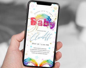 May include: A digital invitation for a baby shower featuring a rainbow and stars design. The invitation reads "Please join us for Baby Elizabeth" and includes the date and time of the event, the location, and RSVP details.