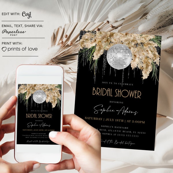 Boho Disco Bridal Shower Invitation, Pampas Grass Bridal Shower Invite, Black Disco Ball Bridal Evite, Bohemian Bridal Shower Digital Evite