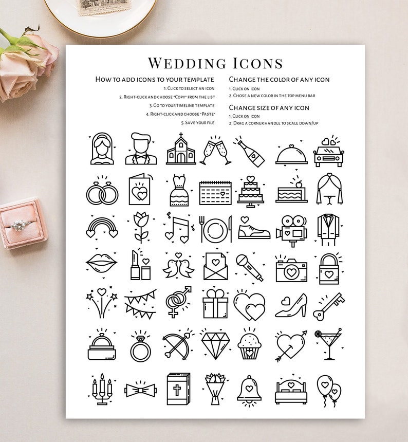 May include: A printable sheet of wedding icons, including a church, rings, cake, champagne flutes, a heart, a dress, a bow tie, a bouquet, a bell, and more. Instructions on how to add icons to a template are included.