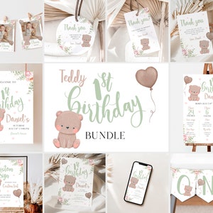 Teddybeer eerste verjaardagsbundel Bearly thema één jaar volledige uitnodiging bundel eerste jaar babyfeest afdrukbare bundel, babyverjaardagsbundel
