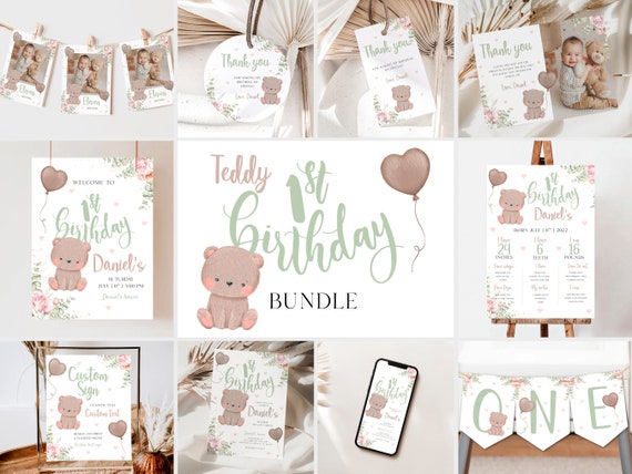 Teddy Bear First Birthday Bundle Bearly Theme One Year Full Invitation Bundle First Year Baby Party Printable Bundle, Baby Birthday Bundle Il_570xn