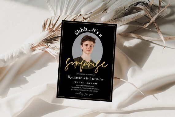 Black Gold Surprise Birthday Invitation with Photo Modern Birthday Printable Decor Adults Teens Invite Template Any Age Shhh It's A Surprise Il_570xn