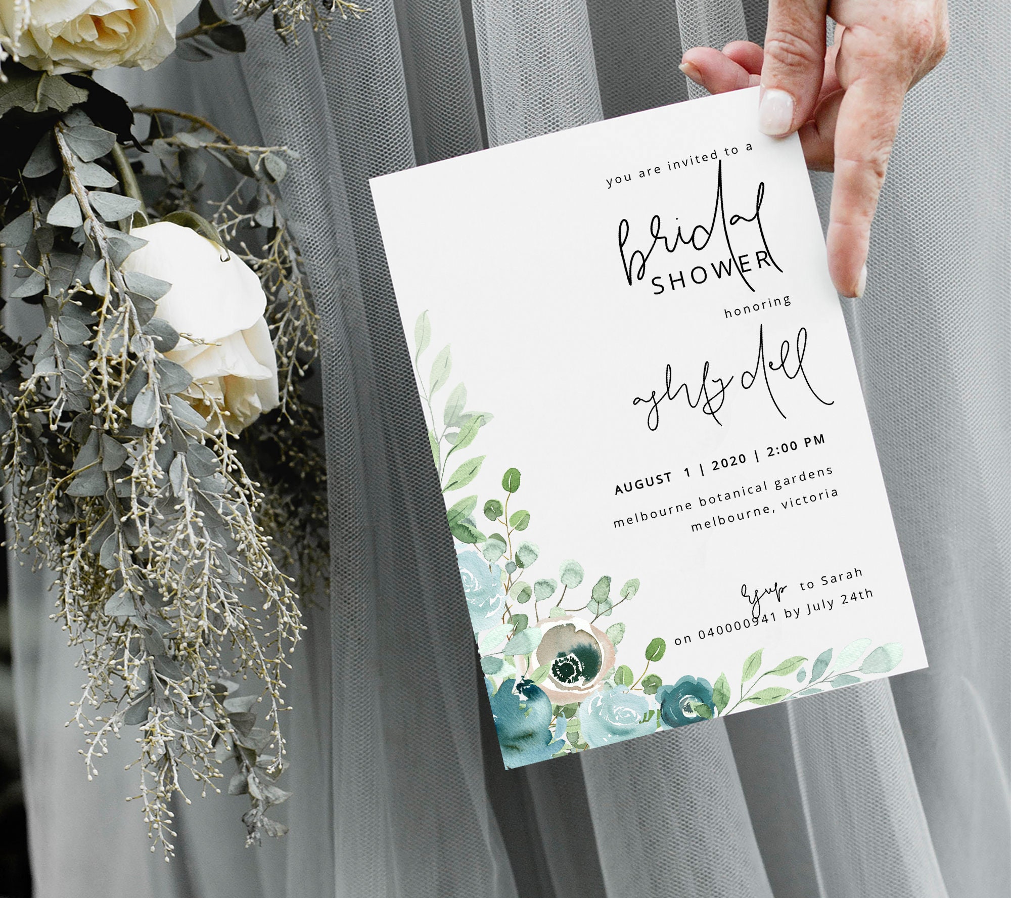 Dusty Blue Bridal Shower Invitation Template Blue Bridal - Etsy