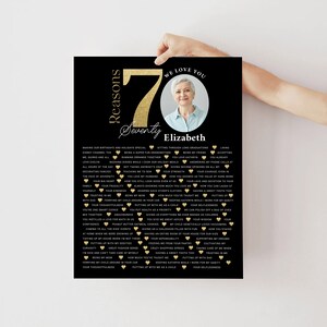 70 Things We Love About You Druckbares Gold Schwarz Geburtstagsgeschenk Personalisierter Text Poster 70. Jahrestag Andenken Banner Geschenke für Frauen Männer