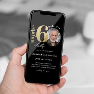 Black Gold Surprise 60th Birthday Electronic Invitation with Photo Evite Download Template Editable Sixty Adult Birthday Digital Invites