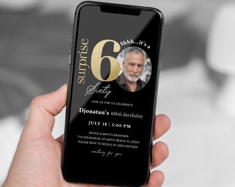 Invitation électronique du 60e anniversaire Black Gold Surprise avec photo Evite Télécharger le modèle Modifiable Soixante invitations numériques d'anniversaire pour adultes