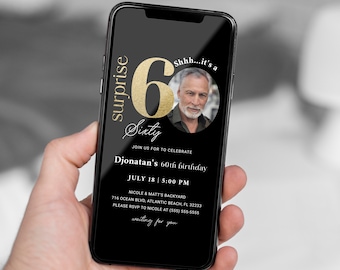 Black Gold Surprise 60th Birthday Electronic Invitation with Photo Evite Download Template Editable Sixty Adult Birthday Digital Invites