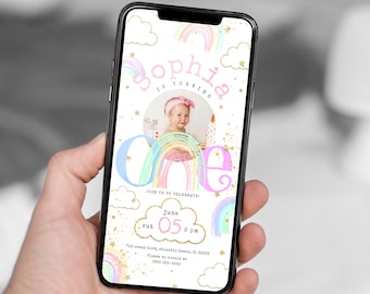 Rainbow First Birthday Electronic Invitation with Photo 1st Rainbow Birthday Girls Digital IPhone Evite Kids Party Message Sms Text Invite